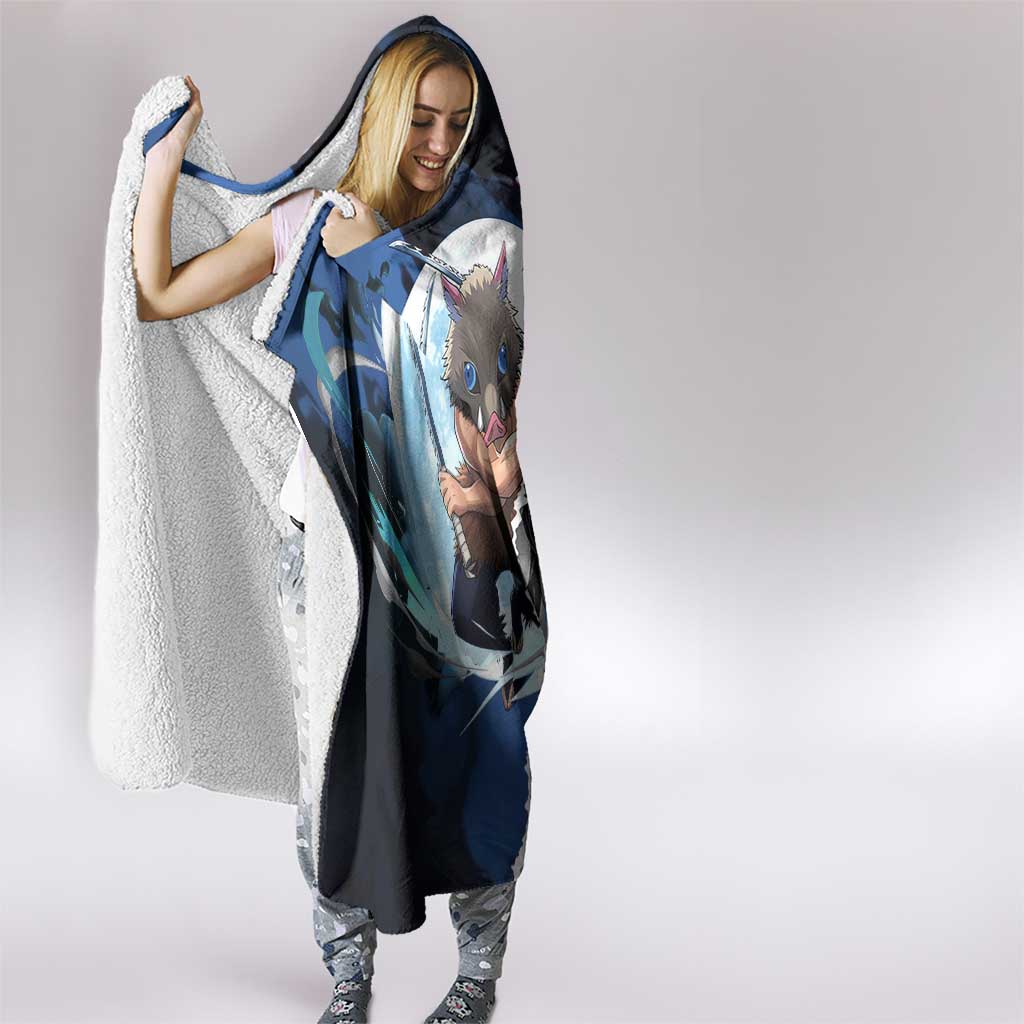 Inosuke Demon Slayer Blue and Black Theme Hooded Blanket with Boar Mask and Manga Collage Action Design - The Mazicc