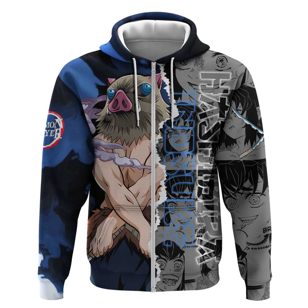 Inosuke Demon Slayer Blue and Black Theme Hoodie with Boar Mask and Manga Collage Action Design - The Mazicc