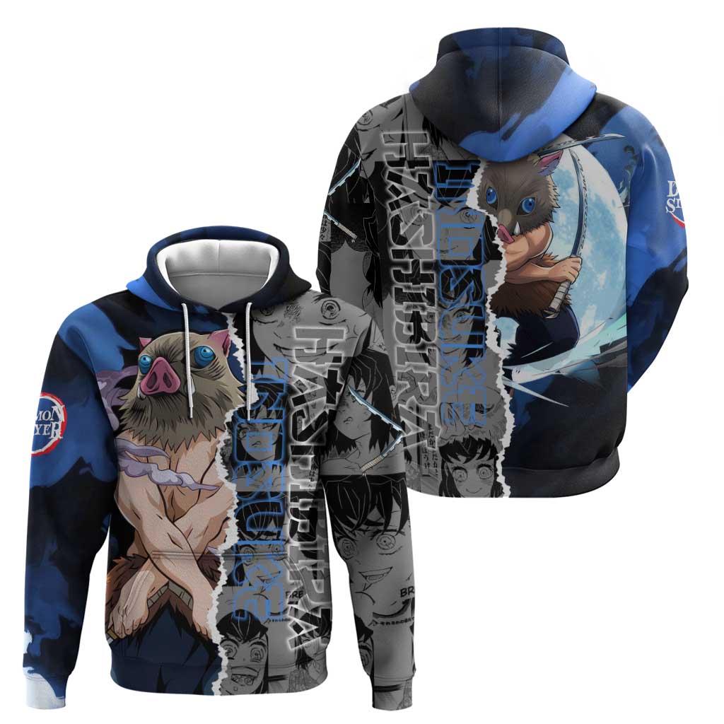 Inosuke Demon Slayer Blue and Black Theme Hoodie with Boar Mask and Manga Collage Action Design - The Mazicc