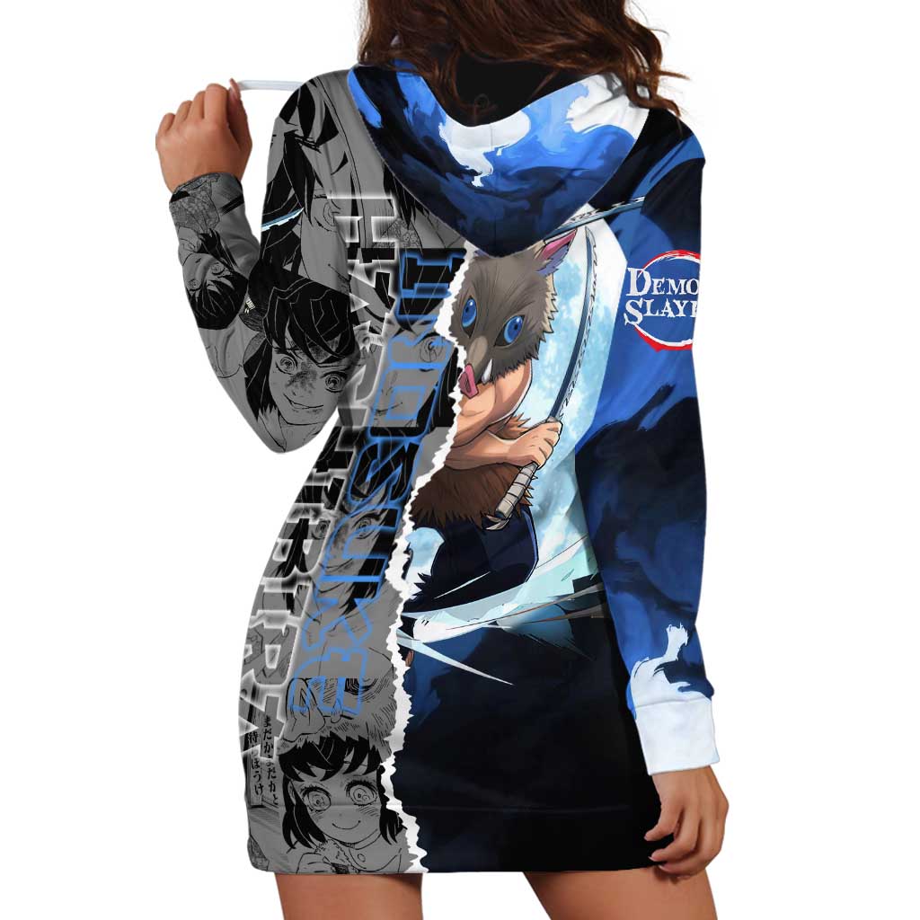 Inosuke Demon Slayer Blue and Black Theme Hoodie Dress with Boar Mask and Manga Collage Action Design - The Mazicc
