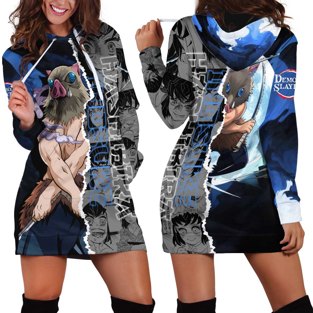 Inosuke Demon Slayer Blue and Black Theme Hoodie Dress with Boar Mask and Manga Collage Action Design - The Mazicc