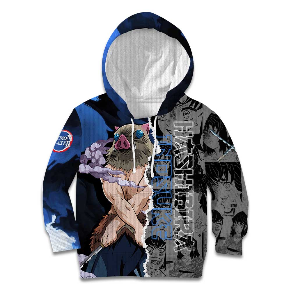 Inosuke Demon Slayer Blue and Black Theme Kid Hoodie with Boar Mask and Manga Collage Action Design - The Mazicc