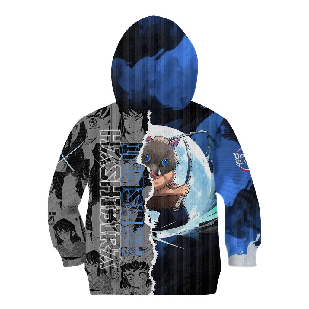 Inosuke Demon Slayer Blue and Black Theme Kid Hoodie with Boar Mask and Manga Collage Action Design - The Mazicc