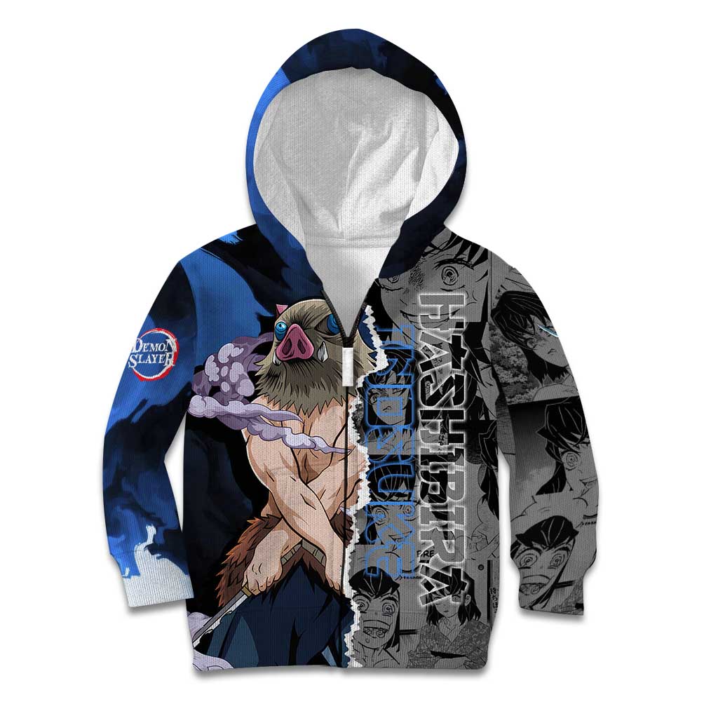 Inosuke Demon Slayer Blue and Black Theme Kid Hoodie with Boar Mask and Manga Collage Action Design - The Mazicc