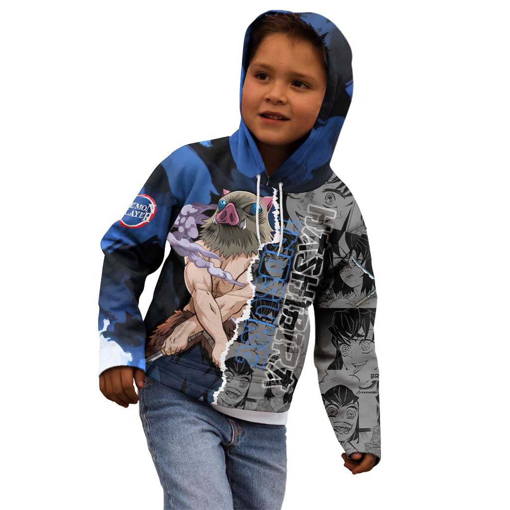 Inosuke Demon Slayer Blue and Black Theme Kid Hoodie with Boar Mask and Manga Collage Action Design - The Mazicc