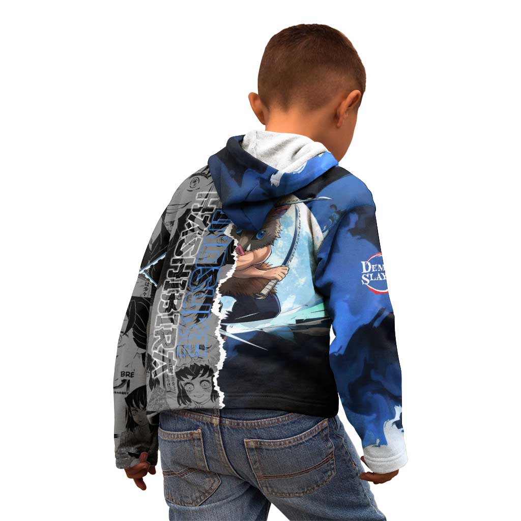 Inosuke Demon Slayer Blue and Black Theme Kid Hoodie with Boar Mask and Manga Collage Action Design - The Mazicc