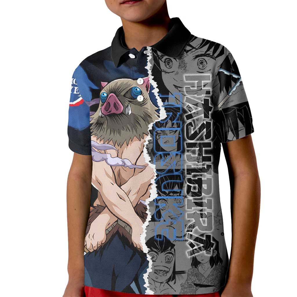 Inosuke Demon Slayer Blue and Black Theme Kid Polo Shirt with Boar Mask and Manga Collage Action Design - The Mazicc