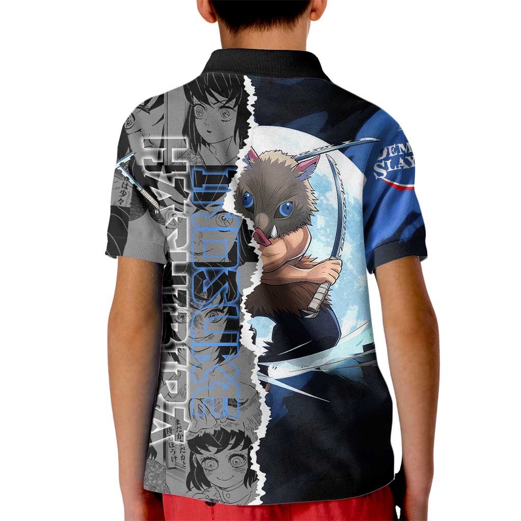 Inosuke Demon Slayer Blue and Black Theme Kid Polo Shirt with Boar Mask and Manga Collage Action Design - The Mazicc