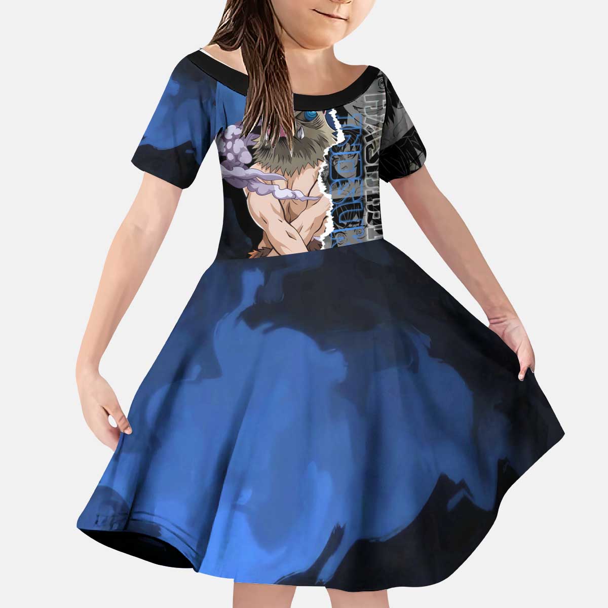 Inosuke Demon Slayer Blue and Black Theme Kid Short Sleeve Dress with Boar Mask and Manga Collage Action Design - The Mazicc