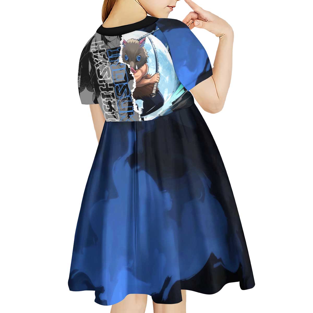 Inosuke Demon Slayer Blue and Black Theme Kid Short Sleeve Dress with Boar Mask and Manga Collage Action Design - The Mazicc
