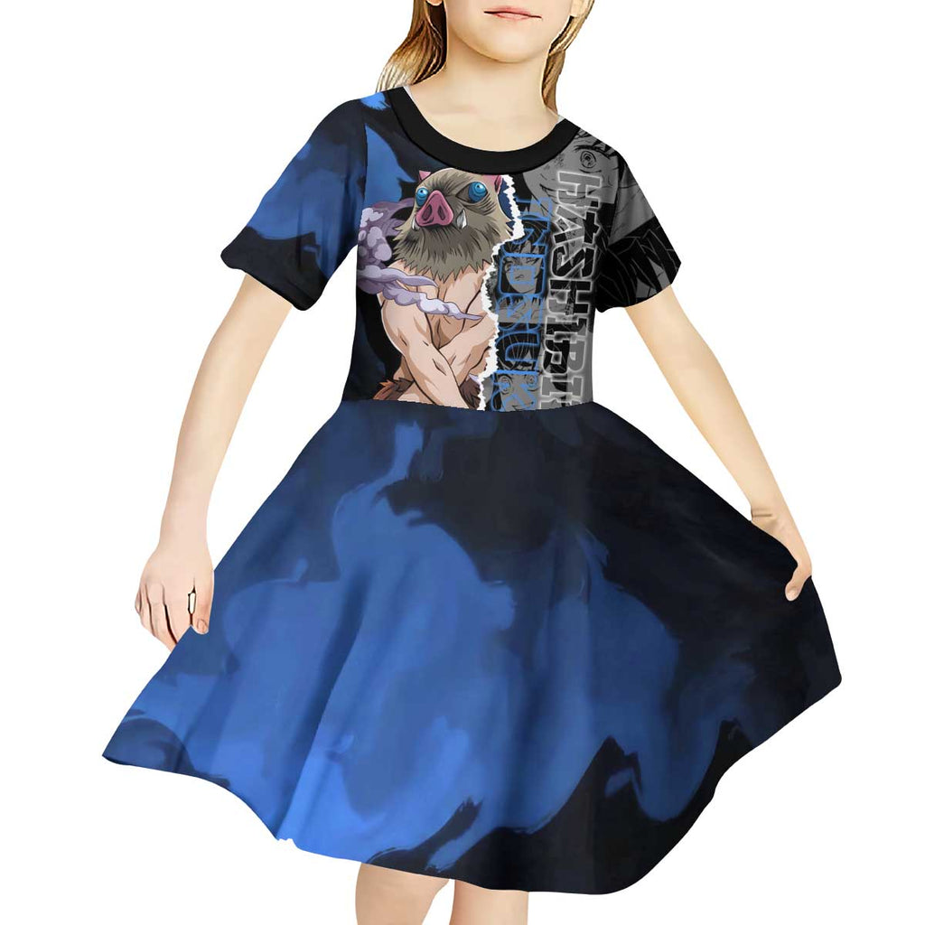 Inosuke Demon Slayer Blue and Black Theme Kid Short Sleeve Dress with Boar Mask and Manga Collage Action Design - The Mazicc