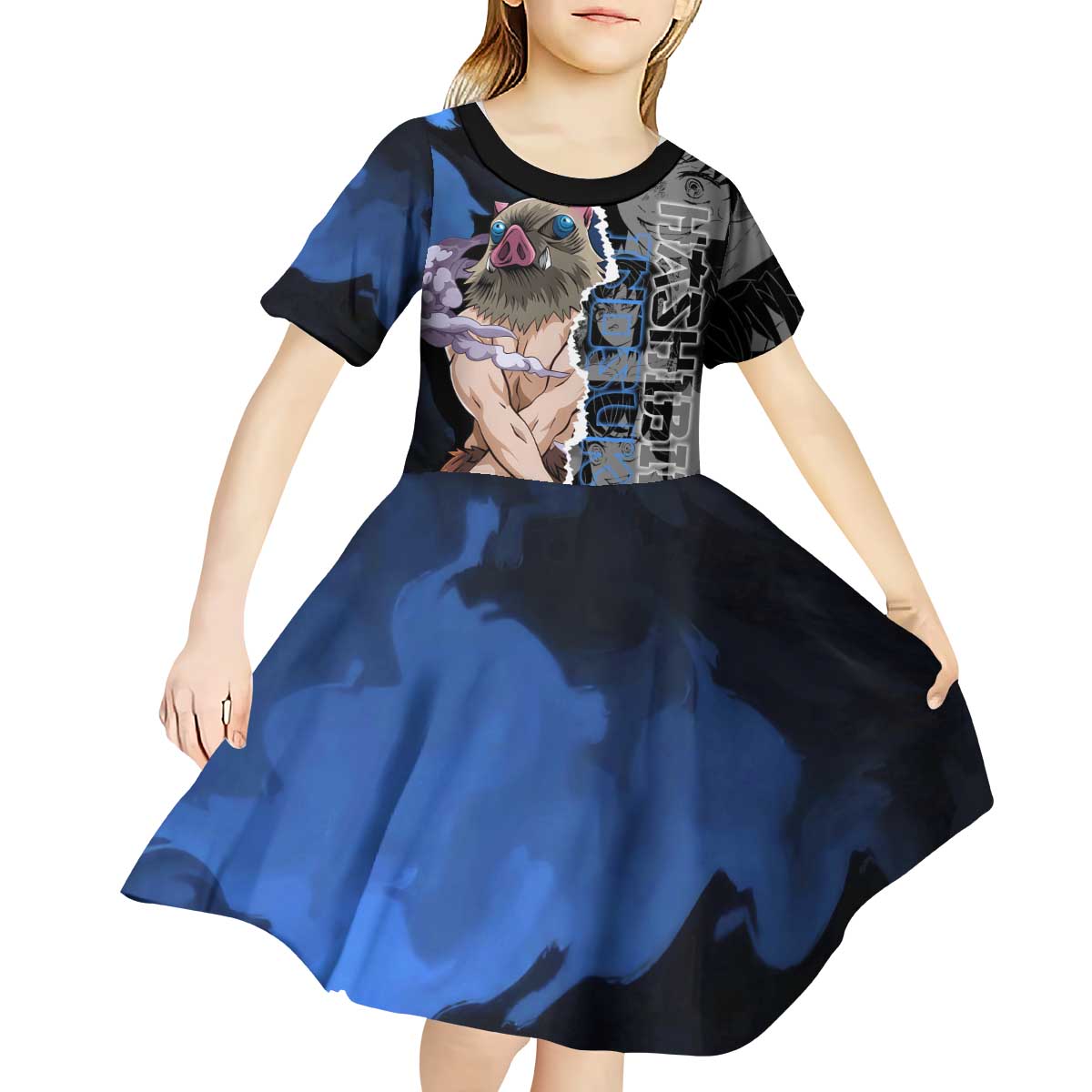 Inosuke Demon Slayer Blue and Black Theme Kid Short Sleeve Dress with Boar Mask and Manga Collage Action Design - The Mazicc