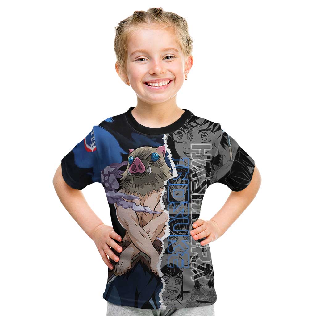 Inosuke Demon Slayer Blue and Black Theme Kid T Shirt with Boar Mask and Manga Collage Action Design - The Mazicc