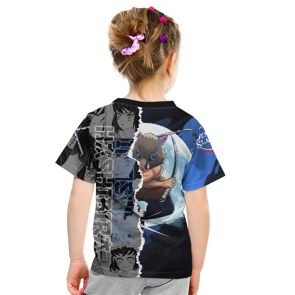 Inosuke Demon Slayer Blue and Black Theme Kid T Shirt with Boar Mask and Manga Collage Action Design - The Mazicc