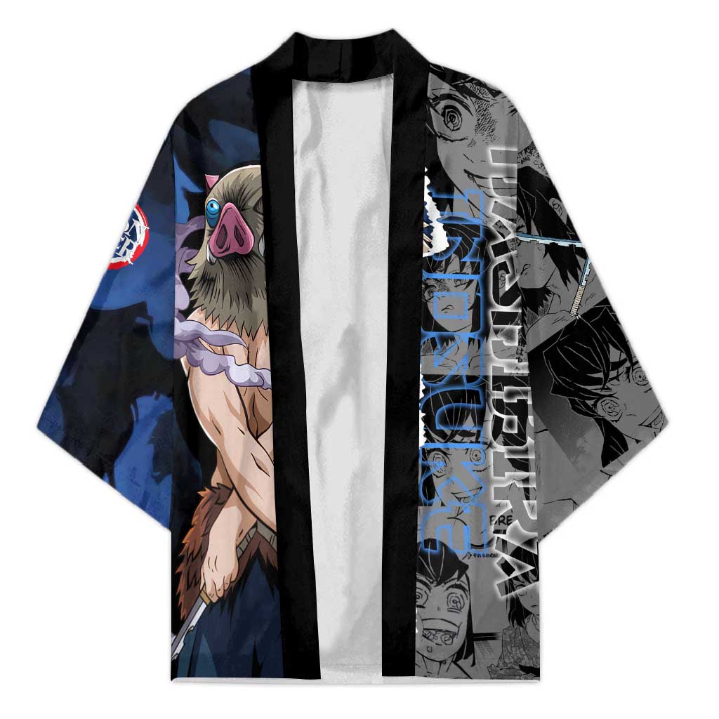 Inosuke Demon Slayer Blue and Black Theme Kimono with Boar Mask and Manga Collage Action Design - The Mazicc