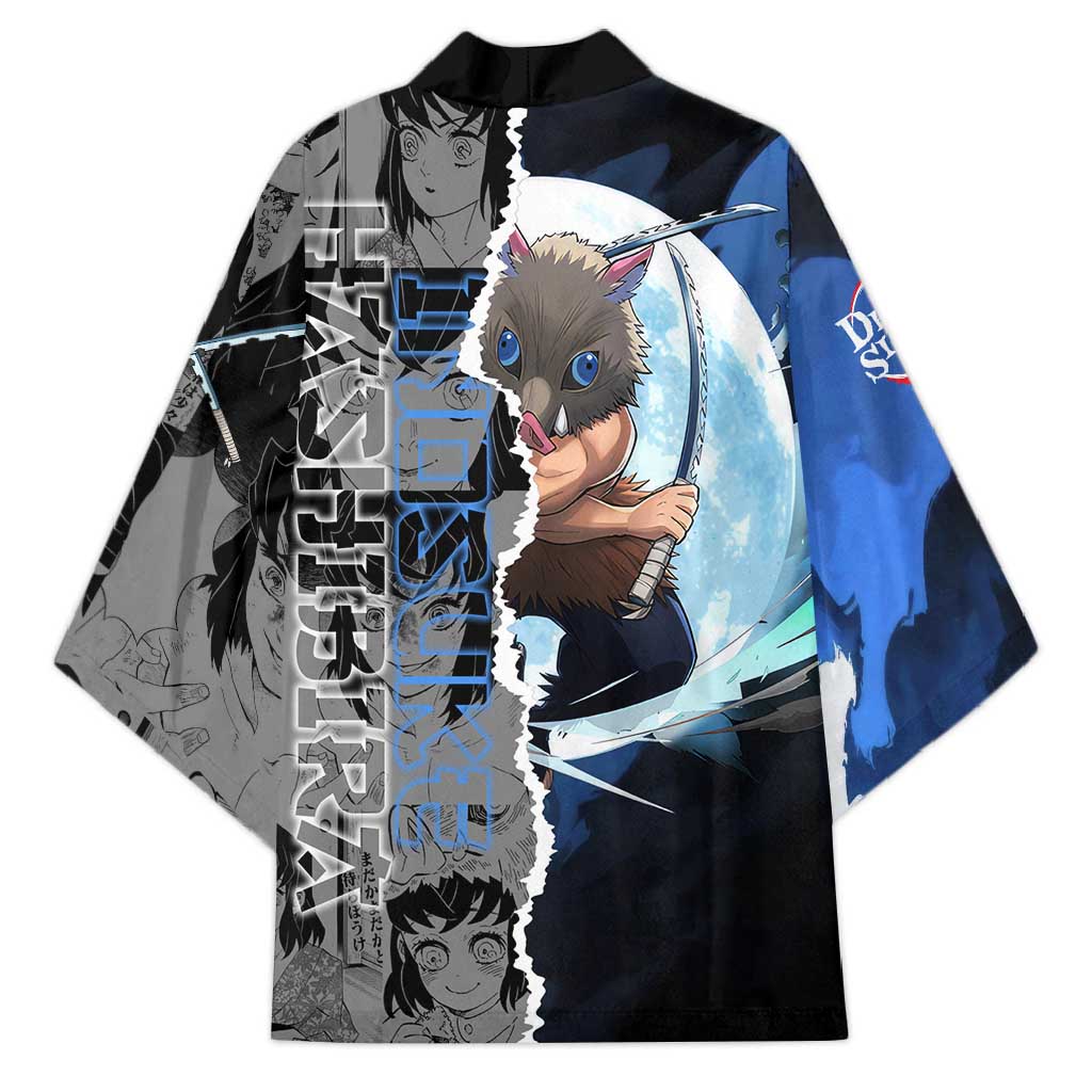 Inosuke Demon Slayer Blue and Black Theme Kimono with Boar Mask and Manga Collage Action Design - The Mazicc