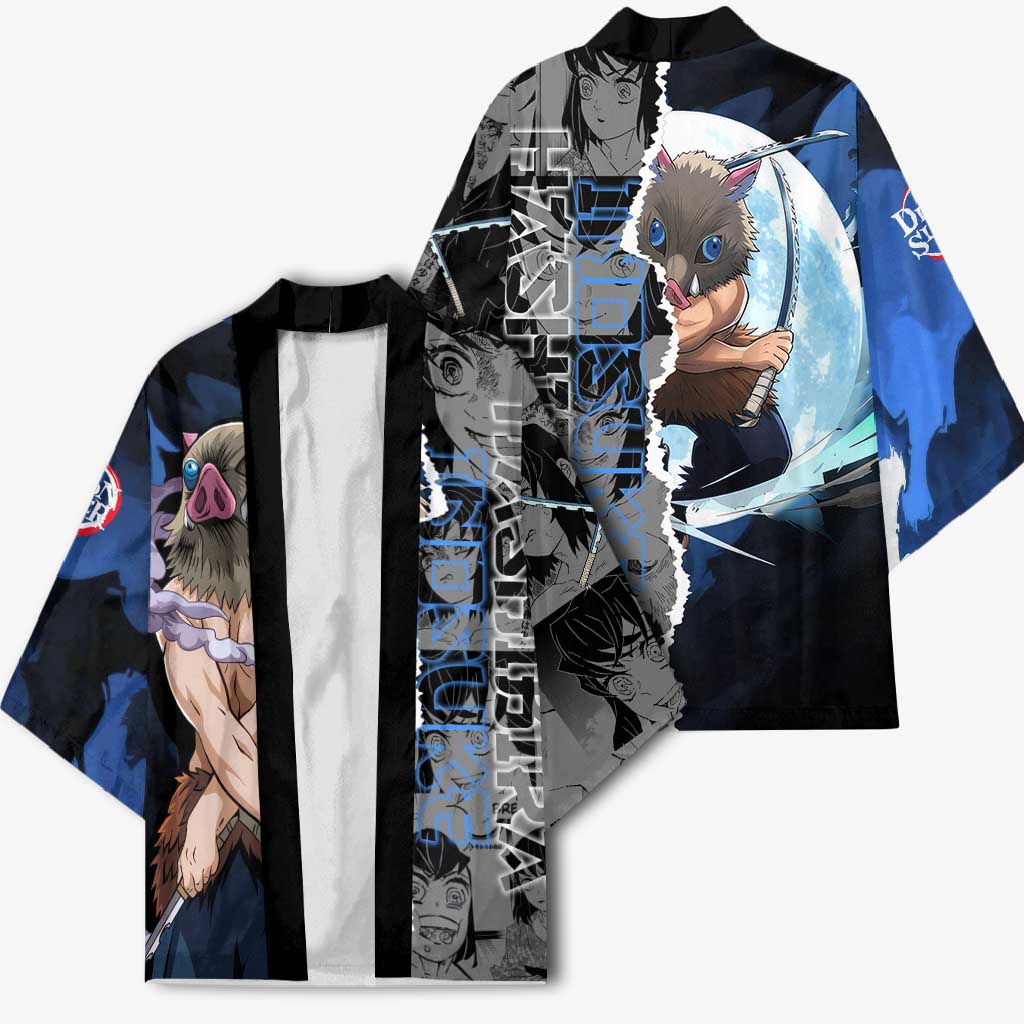 Inosuke Demon Slayer Blue and Black Theme Kimono with Boar Mask and Manga Collage Action Design - The Mazicc