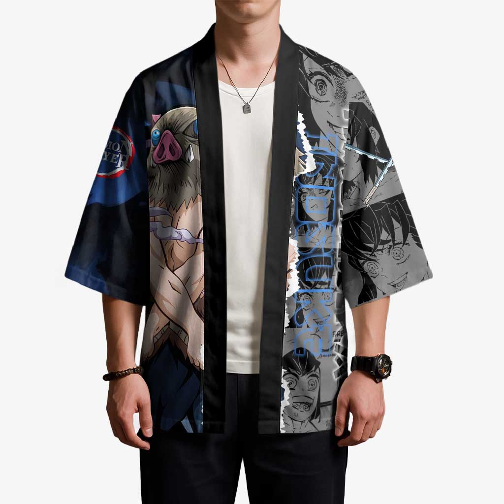Inosuke Demon Slayer Blue and Black Theme Kimono with Boar Mask and Manga Collage Action Design - The Mazicc
