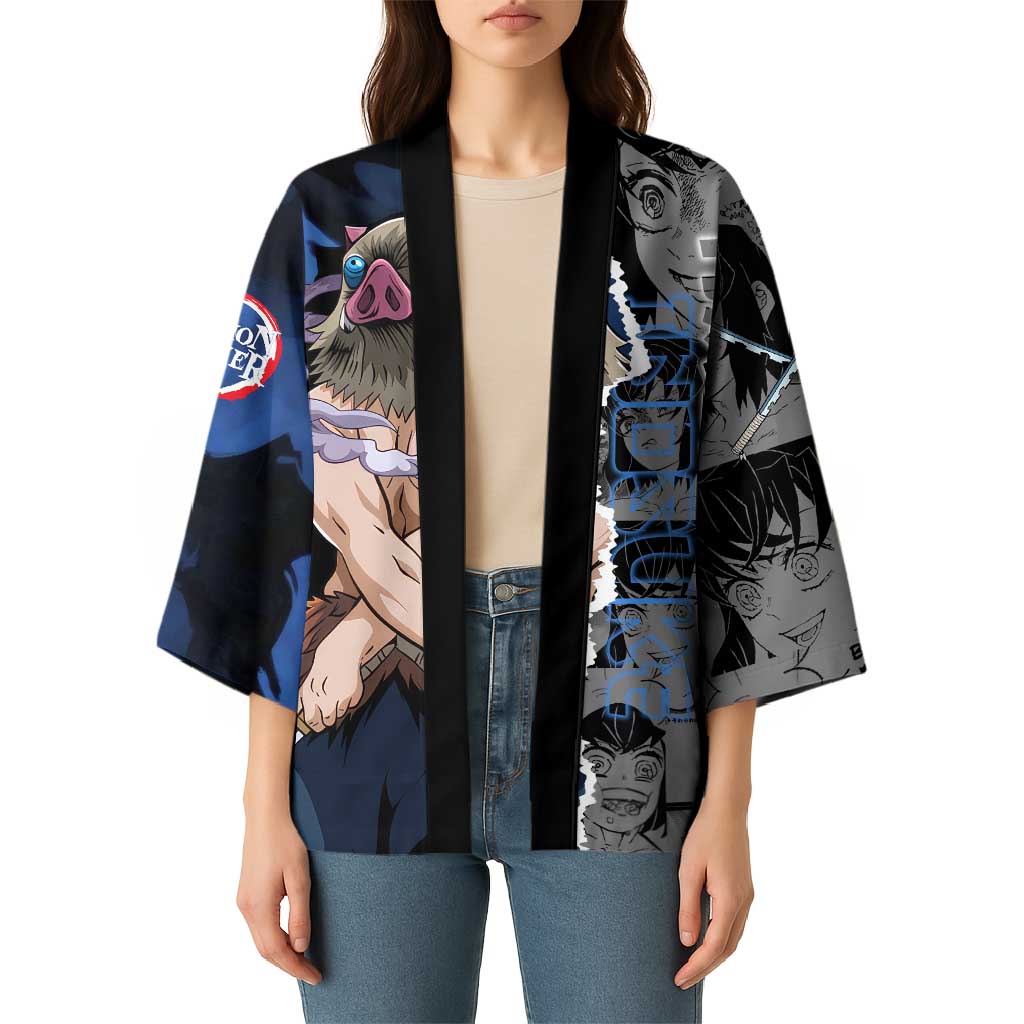Inosuke Demon Slayer Blue and Black Theme Kimono with Boar Mask and Manga Collage Action Design - The Mazicc