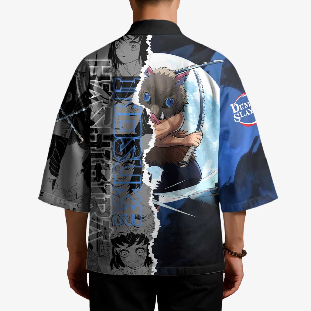 Inosuke Demon Slayer Blue and Black Theme Kimono with Boar Mask and Manga Collage Action Design - The Mazicc