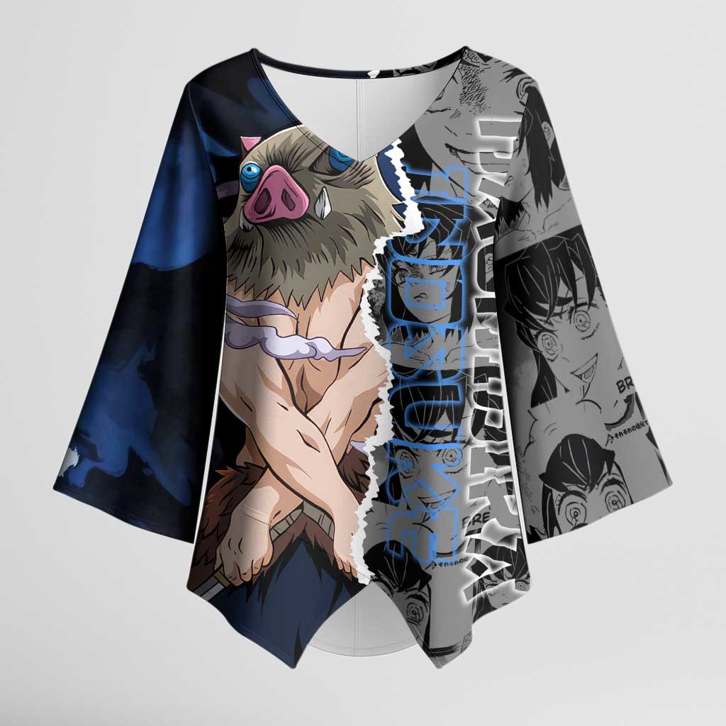 Inosuke Demon Slayer Blue and Black Theme Kimono Sleeve Blouse with Boar Mask and Manga Collage Action Design - The Mazicc