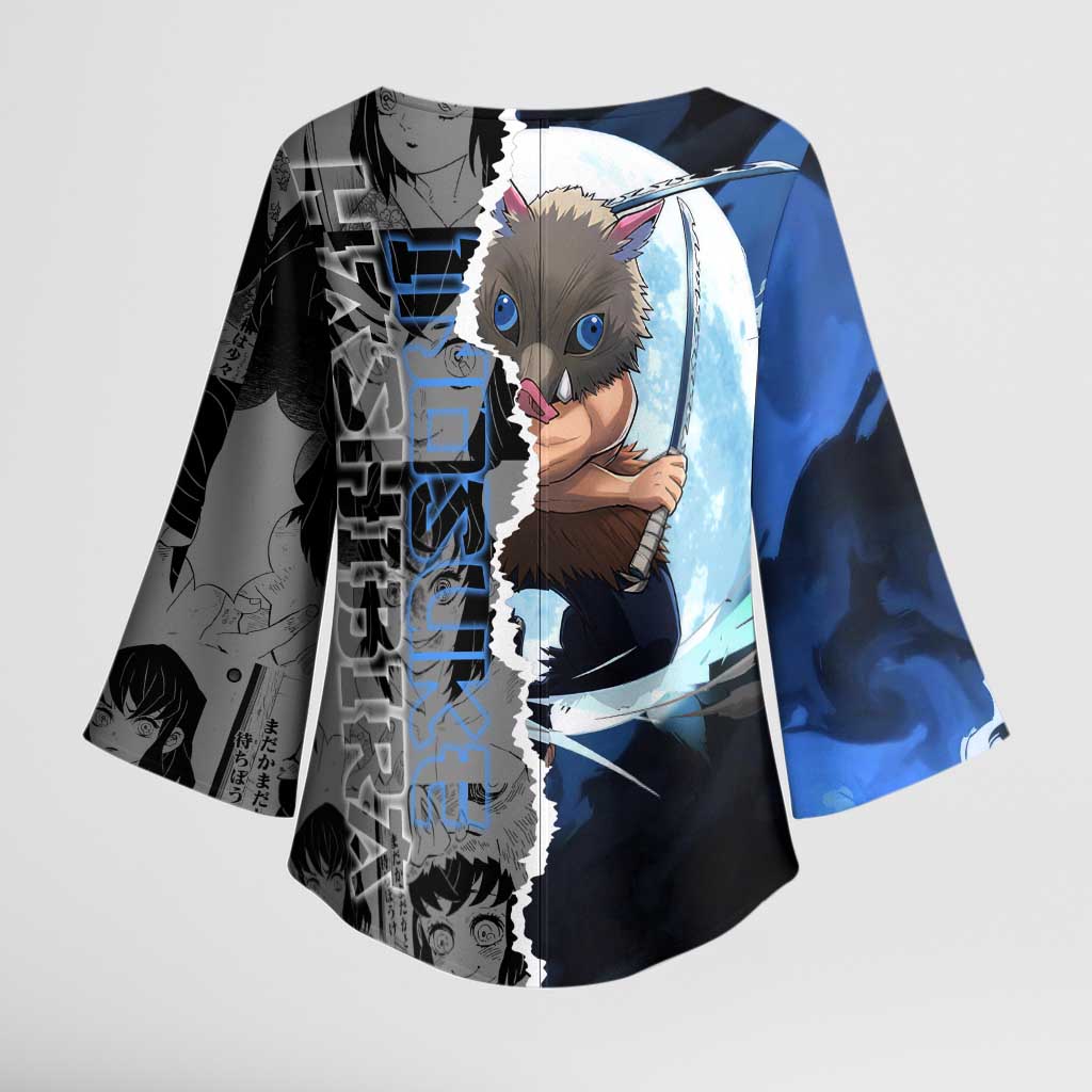 Inosuke Demon Slayer Blue and Black Theme Kimono Sleeve Blouse with Boar Mask and Manga Collage Action Design - The Mazicc