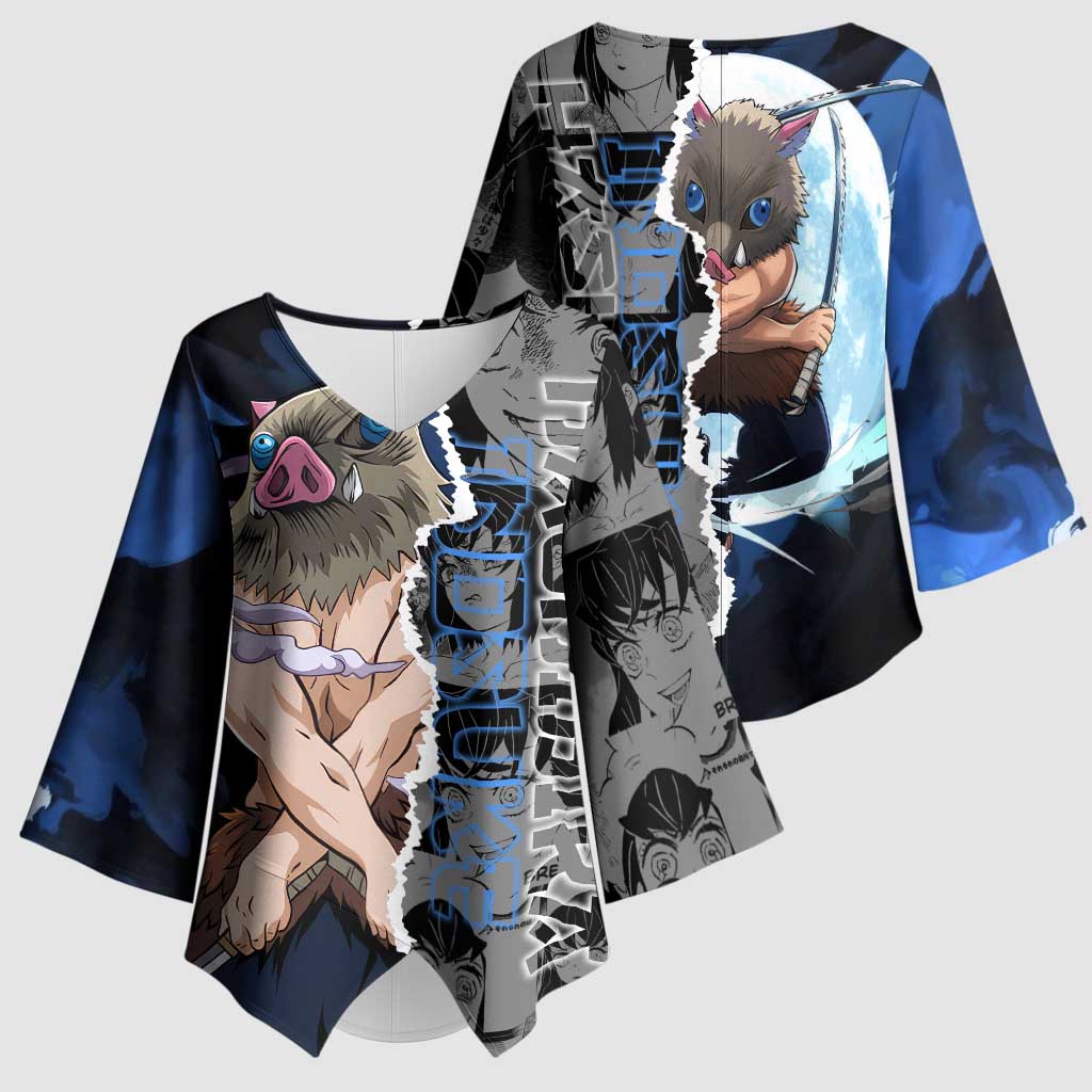 Inosuke Demon Slayer Blue and Black Theme Kimono Sleeve Blouse with Boar Mask and Manga Collage Action Design - The Mazicc