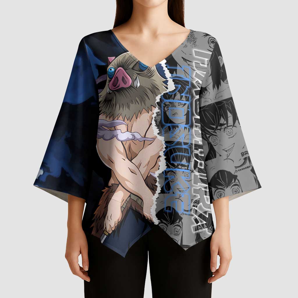 Inosuke Demon Slayer Blue and Black Theme Kimono Sleeve Blouse with Boar Mask and Manga Collage Action Design - The Mazicc
