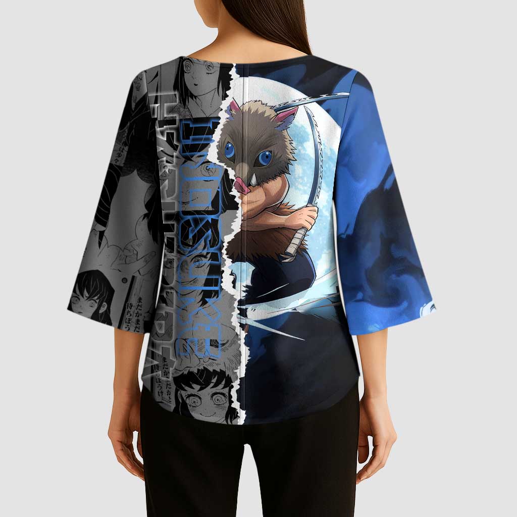 Inosuke Demon Slayer Blue and Black Theme Kimono Sleeve Blouse with Boar Mask and Manga Collage Action Design - The Mazicc