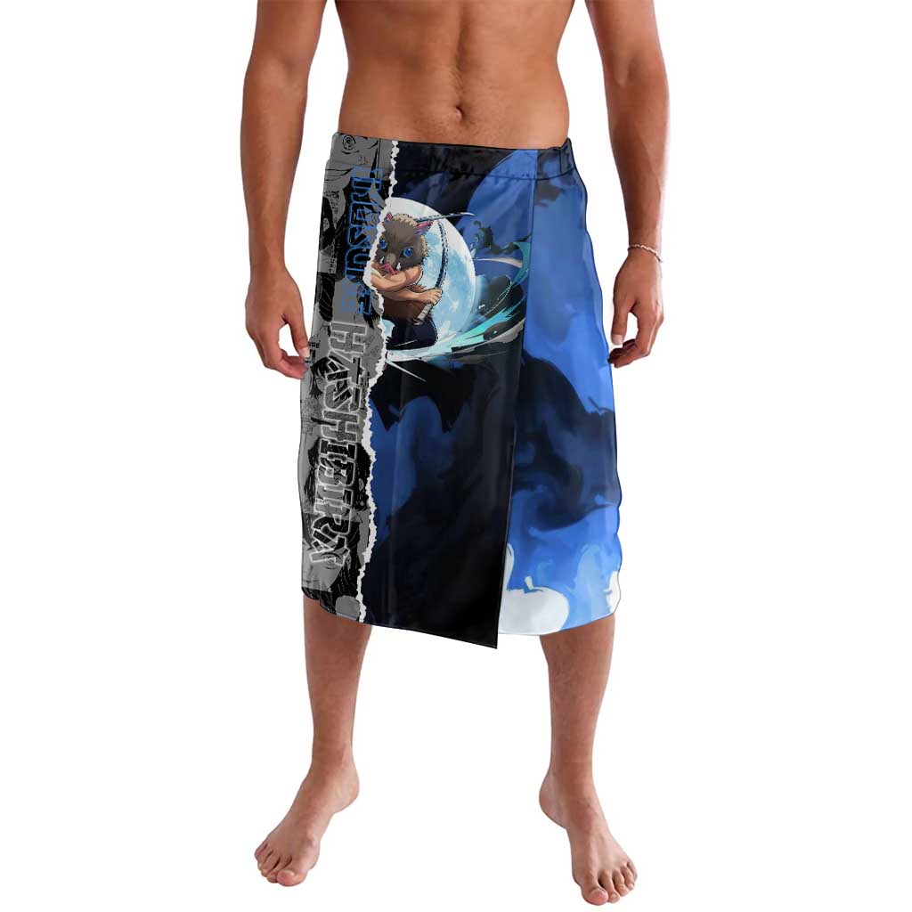 Inosuke Demon Slayer Blue and Black Theme Lavalava with Boar Mask and Manga Collage Action Design - The Mazicc