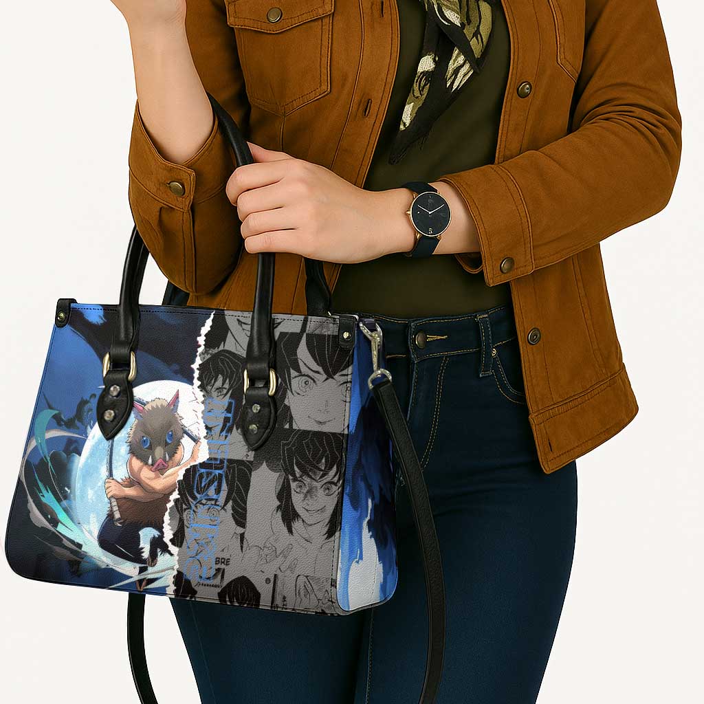 Inosuke Demon Slayer Blue and Black Theme Leather Bag with Boar Mask and Manga Collage Action Design - The Mazicc