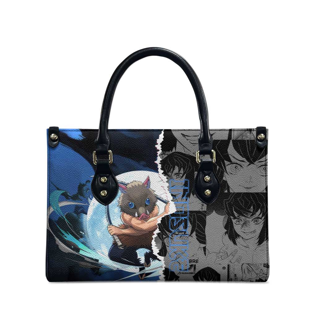 Inosuke Demon Slayer Blue and Black Theme Leather Bag with Boar Mask and Manga Collage Action Design - The Mazicc