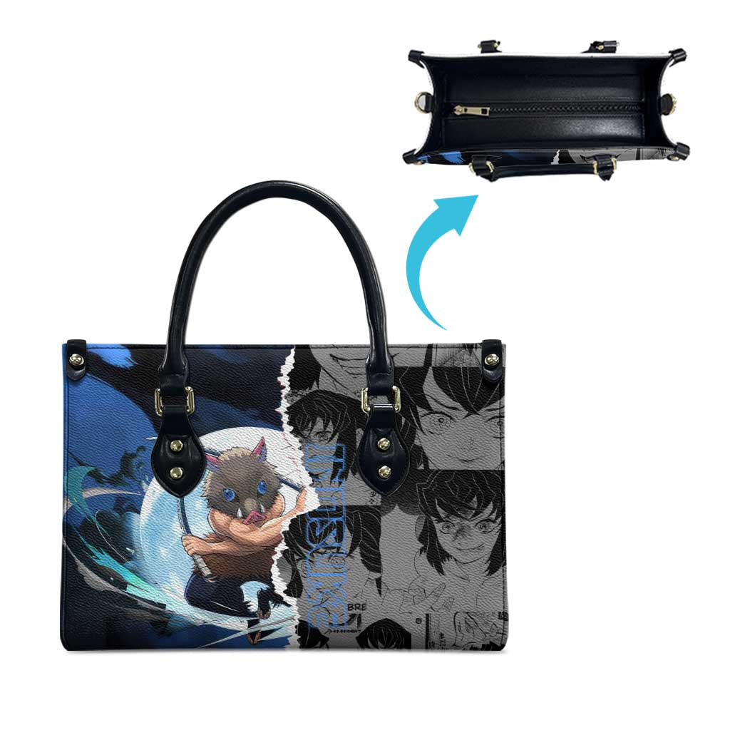 Inosuke Demon Slayer Blue and Black Theme Leather Bag with Boar Mask and Manga Collage Action Design - The Mazicc