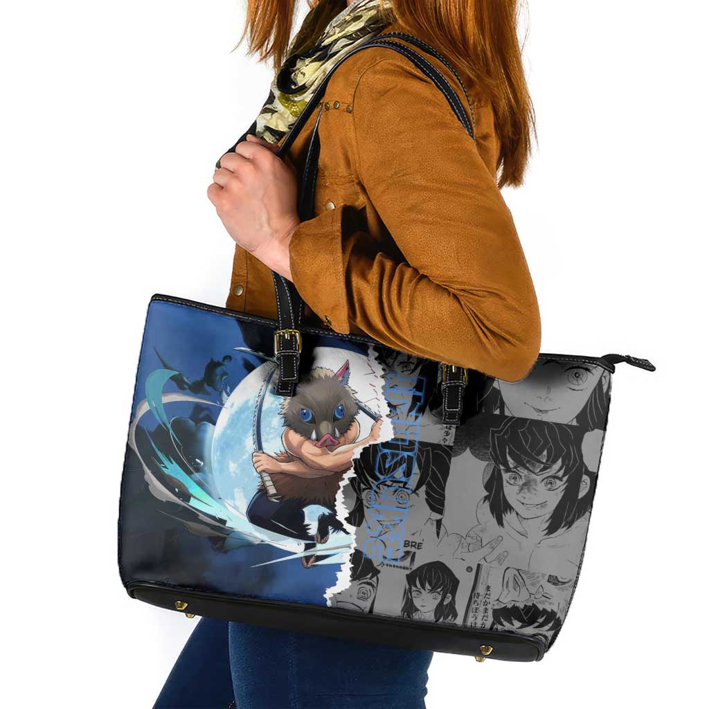 Inosuke Demon Slayer Blue and Black Theme Leather Tote Bag with Boar Mask and Manga Collage Action Design - The Mazicc