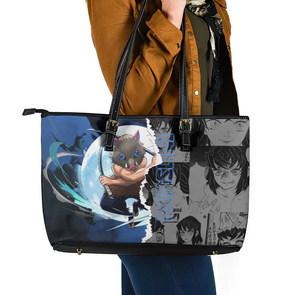 Inosuke Demon Slayer Blue and Black Theme Leather Tote Bag with Boar Mask and Manga Collage Action Design - The Mazicc