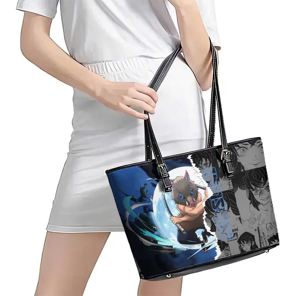 Inosuke Demon Slayer Blue and Black Theme Leather Tote Bag with Boar Mask and Manga Collage Action Design - The Mazicc