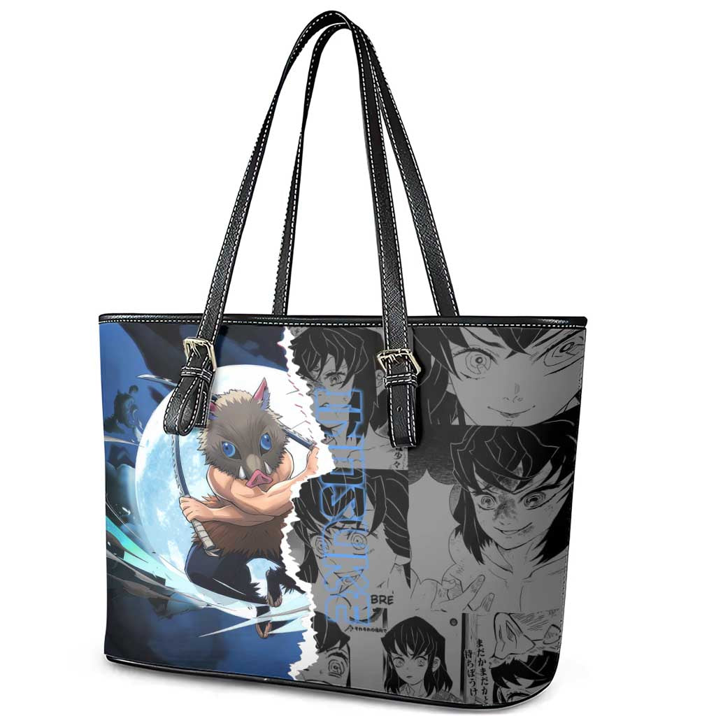 Inosuke Demon Slayer Blue and Black Theme Leather Tote Bag with Boar Mask and Manga Collage Action Design - The Mazicc
