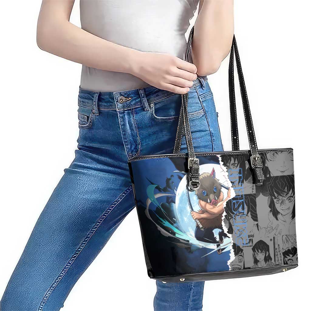 Inosuke Demon Slayer Blue and Black Theme Leather Tote Bag with Boar Mask and Manga Collage Action Design - The Mazicc