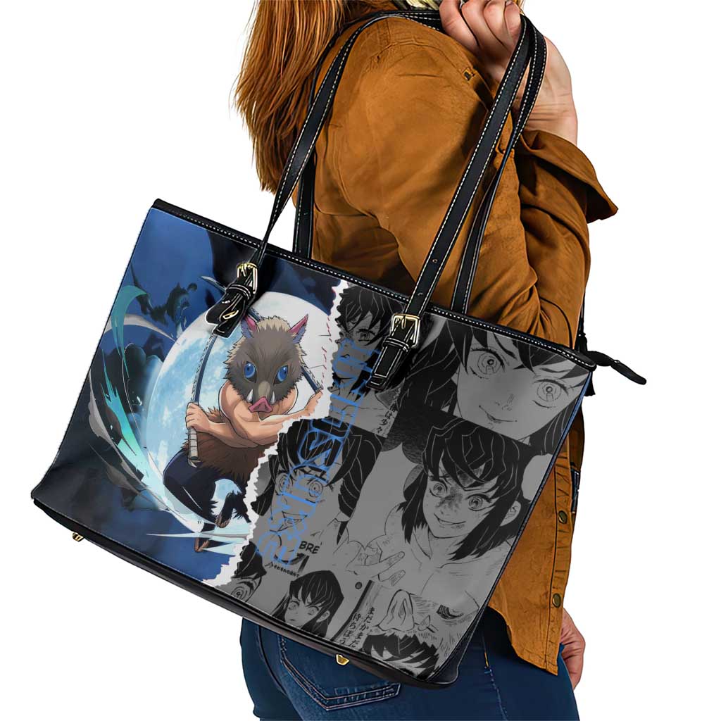 Inosuke Demon Slayer Blue and Black Theme Leather Tote Bag with Boar Mask and Manga Collage Action Design - The Mazicc