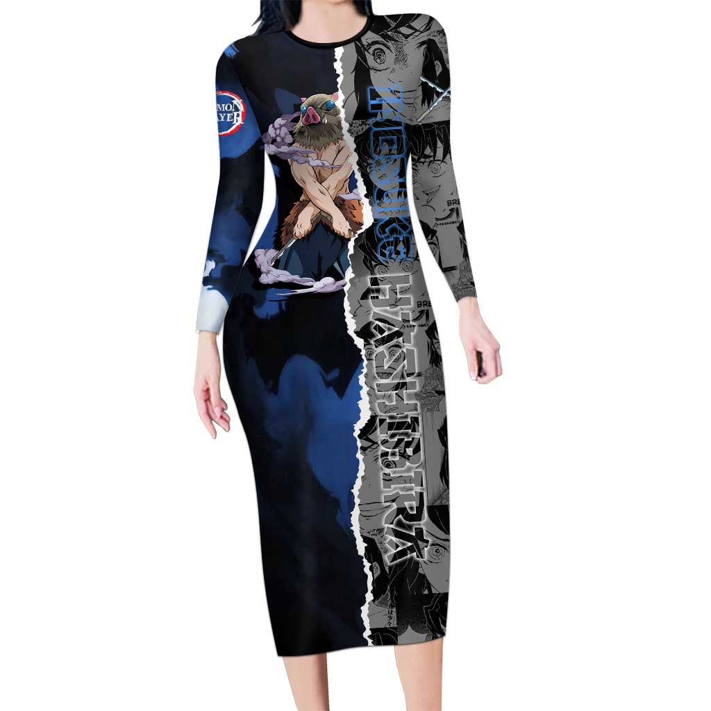 Inosuke Demon Slayer Blue and Black Theme Long Sleeve Bodycon Dress with Boar Mask and Manga Collage Action Design - The Mazicc