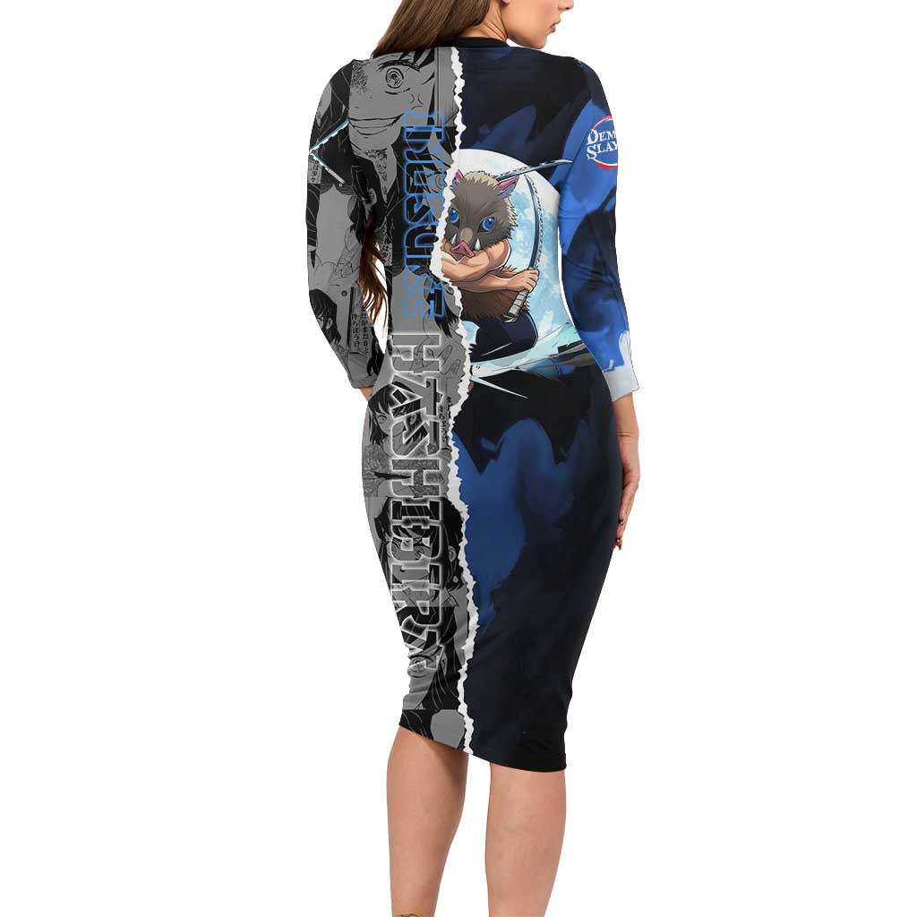 Inosuke Demon Slayer Blue and Black Theme Long Sleeve Bodycon Dress with Boar Mask and Manga Collage Action Design - The Mazicc