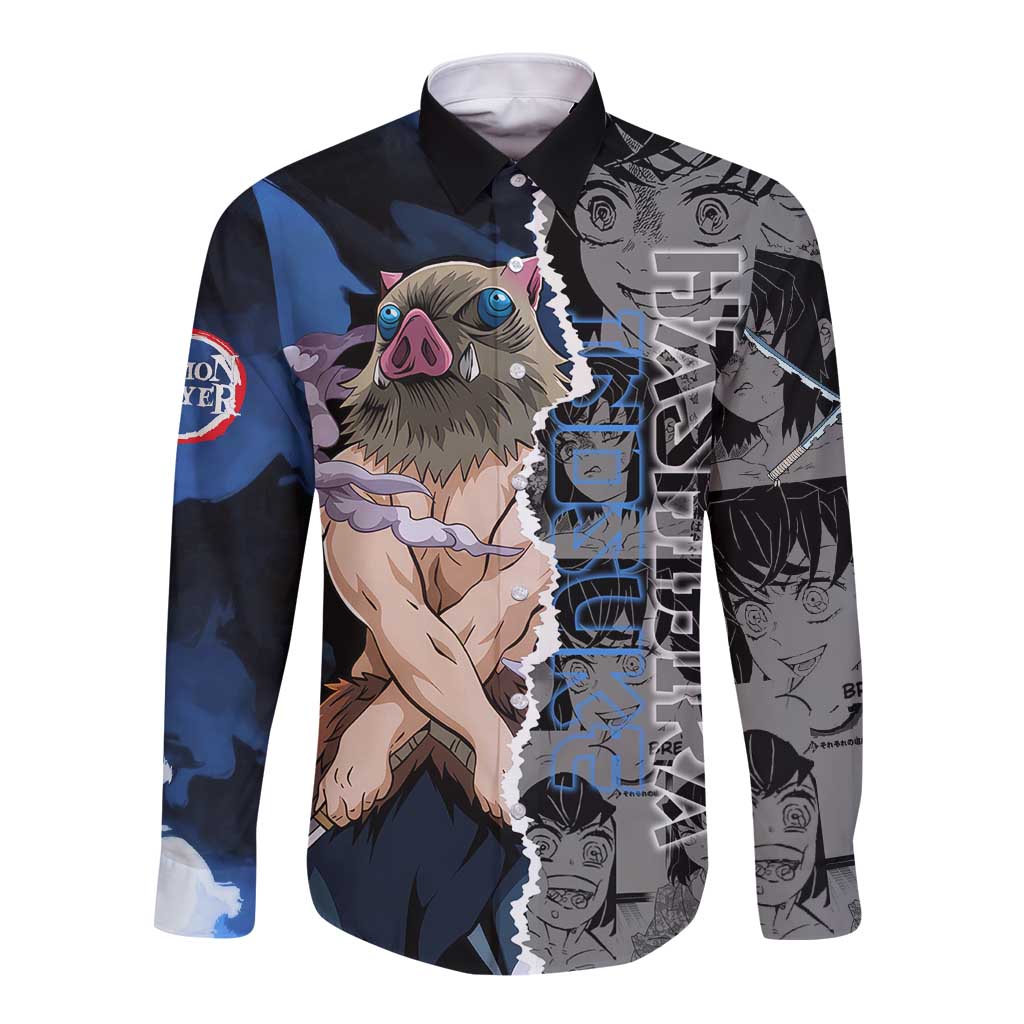 Inosuke Demon Slayer Blue and Black Theme Long Sleeve Button Shirt with Boar Mask and Manga Collage Action Design - The Mazicc