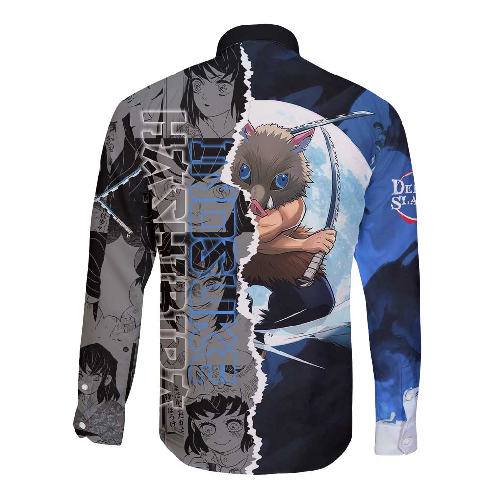 Inosuke Demon Slayer Blue and Black Theme Long Sleeve Button Shirt with Boar Mask and Manga Collage Action Design - The Mazicc