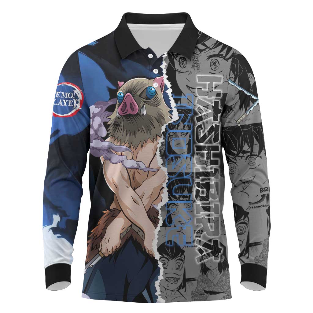 Inosuke Demon Slayer Blue and Black Theme Long Sleeve Polo Shirt with Boar Mask and Manga Collage Action Design - The Mazicc