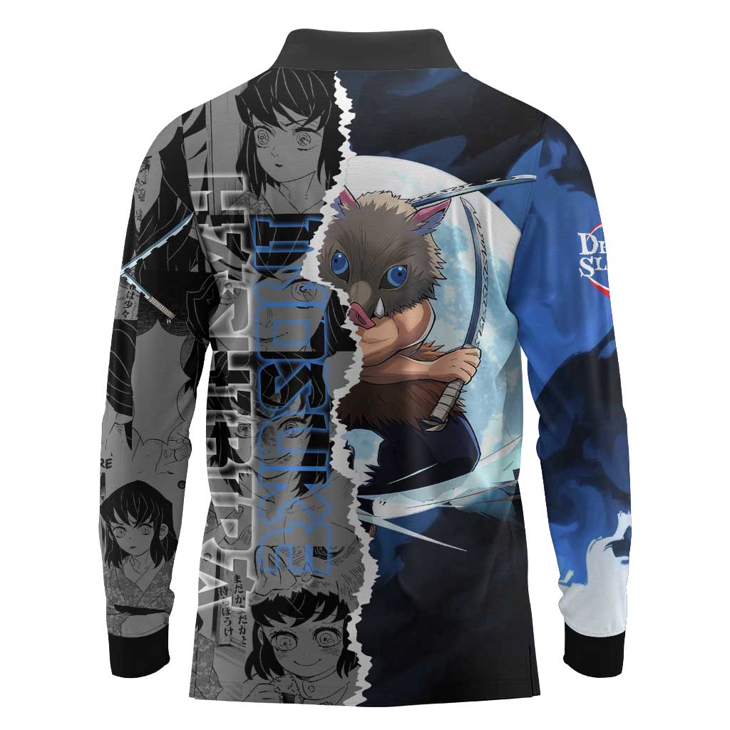 Inosuke Demon Slayer Blue and Black Theme Long Sleeve Polo Shirt with Boar Mask and Manga Collage Action Design - The Mazicc