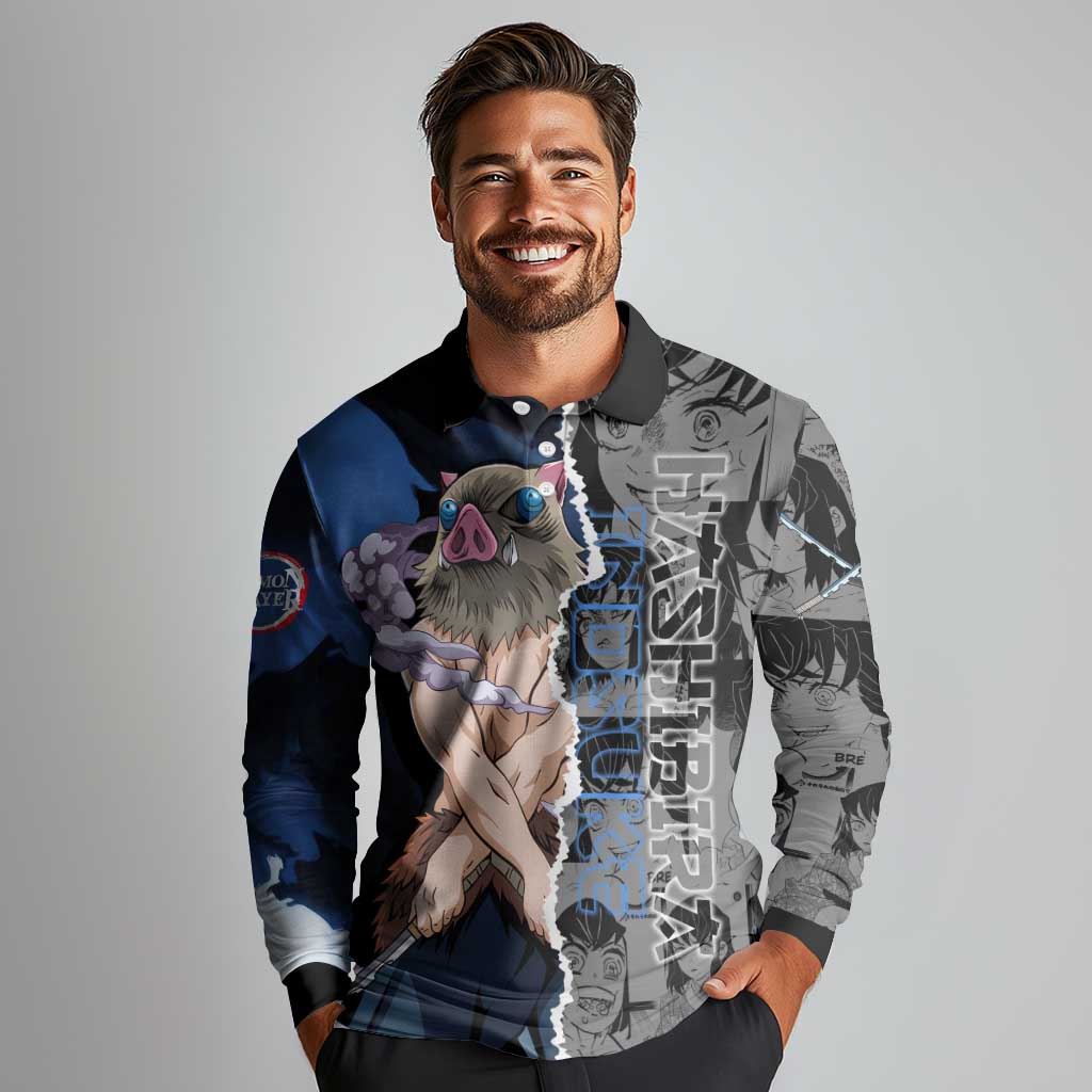 Inosuke Demon Slayer Blue and Black Theme Long Sleeve Polo Shirt with Boar Mask and Manga Collage Action Design - The Mazicc