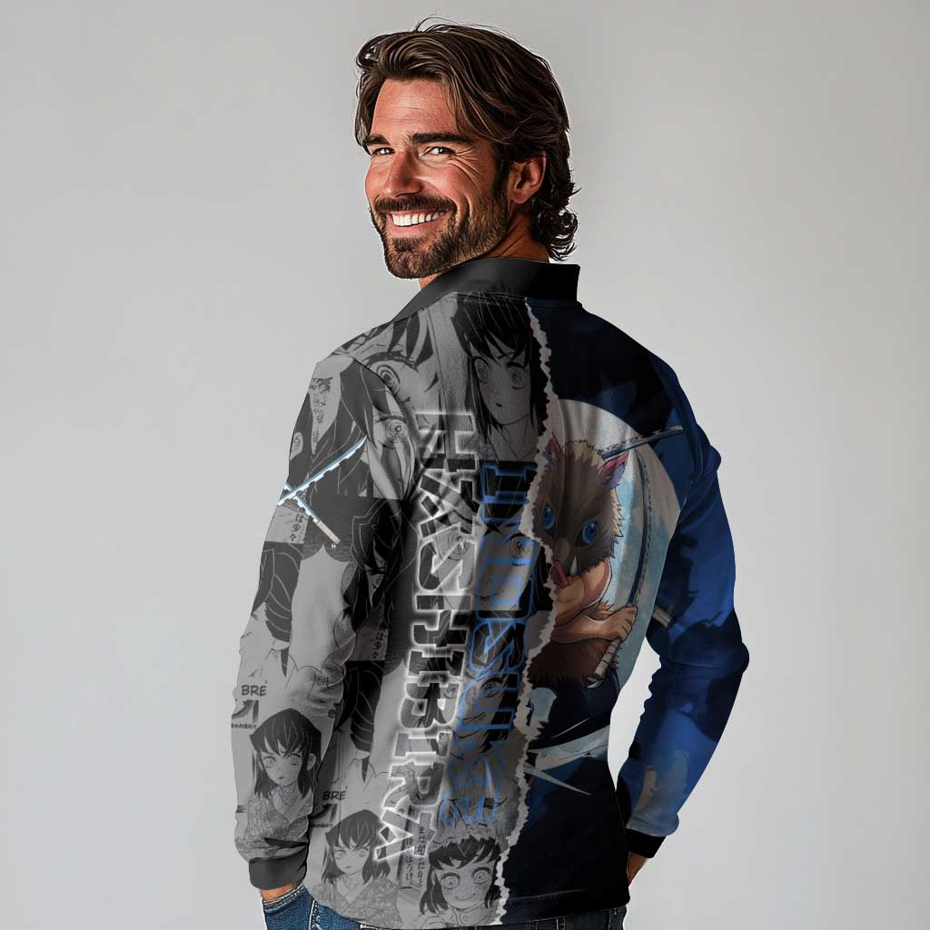 Inosuke Demon Slayer Blue and Black Theme Long Sleeve Polo Shirt with Boar Mask and Manga Collage Action Design - The Mazicc
