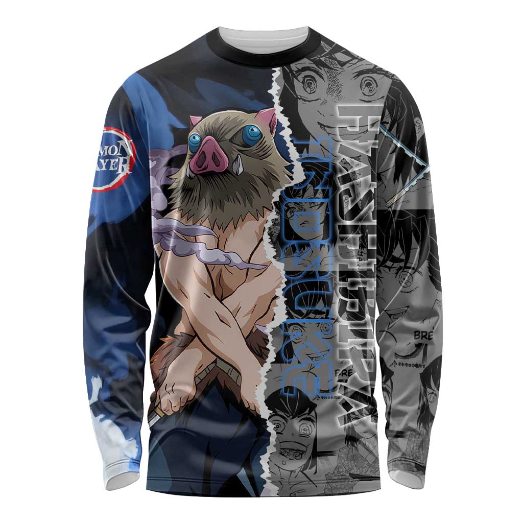 Inosuke Demon Slayer Blue and Black Theme Long Sleeve Shirt with Boar Mask and Manga Collage Action Design - The Mazicc
