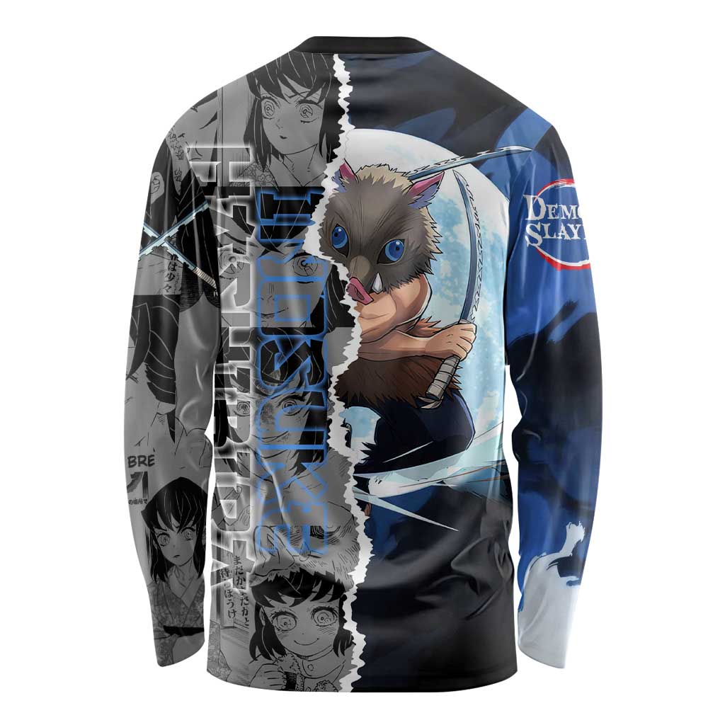 Inosuke Demon Slayer Blue and Black Theme Long Sleeve Shirt with Boar Mask and Manga Collage Action Design - The Mazicc