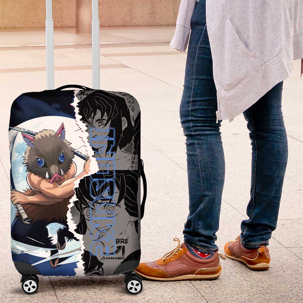 Inosuke Demon Slayer Blue and Black Theme Luggage Cover with Boar Mask and Manga Collage Action Design - The Mazicc